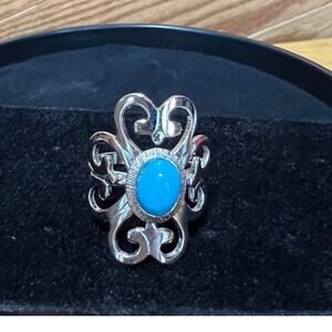 Vintage Sarah Coventry Moon Cloud‎ Filigree Ring 1974 Turquoise Silver Tone